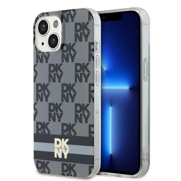 Husa MagSafe pentru Apple iPhone 15 Plus, DKNY, Checkered Mono Pattern & Printed Stripes, Neagra