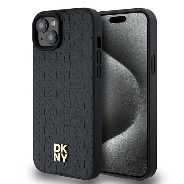 Husa MagSafe pentru Apple iPhone 15 Plus, DKNY, Monogram Pattern Metal Logo, Neagra