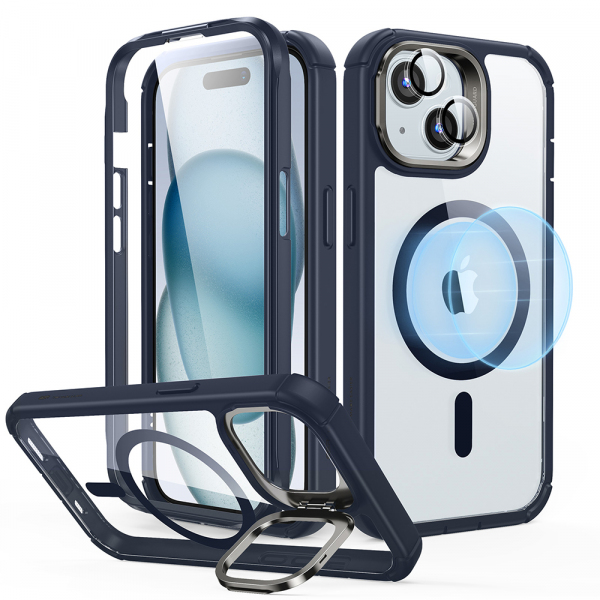 Husa MagSafe pentru Apple iPhone 15 Plus, ESR, Armor Tough Kickstand, Bleumarin Transparenta