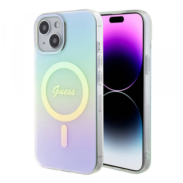 Husa MagSafe pentru Apple iPhone 15 Plus, Guess, IML Iridescent, Turcoaz