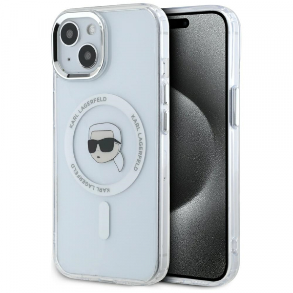 Husa MagSafe pentru Apple iPhone 15 Plus, Karl Lagerfeld, IML Metal Karl\'s Head, Alba