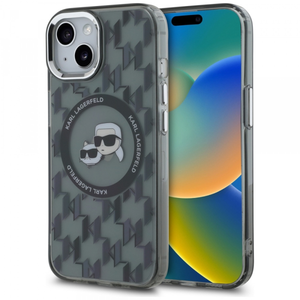 Husa MagSafe pentru Apple iPhone 15 Plus, Karl Lagerfeld, IML Monogram Karl & Choupette\'s Heads, Neagra