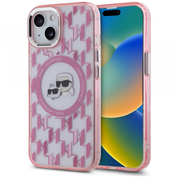 Husa MagSafe pentru Apple iPhone 15 Plus, Karl Lagerfeld, IML Monogram Karl & Choupette\'s Heads, Roz