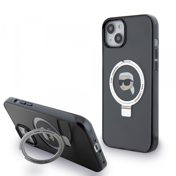 Husa MagSafe pentru Apple iPhone 15 Plus, Karl Lagerfeld, Ring Stand Karl\'s Head, Neagra