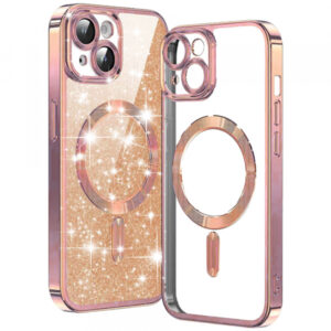 Husa MagSafe pentru Apple iPhone 15 Plus, Techsuit, Luxury Glitter, Roz Aurie