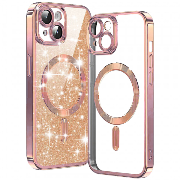 Husa MagSafe pentru Apple iPhone 15 Plus, Techsuit, Luxury Glitter, Roz Aurie
