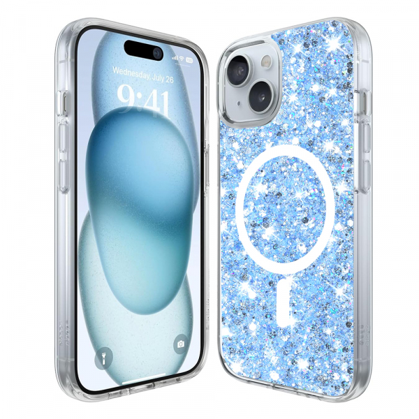 Husa MagSafe pentru Apple iPhone 15 Plus, Techsuit, Sparkly Glitter, Bleu