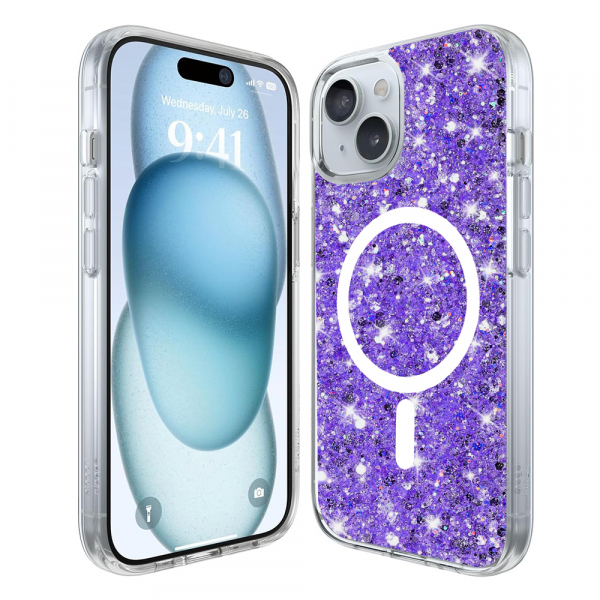 Husa MagSafe pentru Apple iPhone 15 Plus, Techsuit, Sparkly Glitter, Mov
