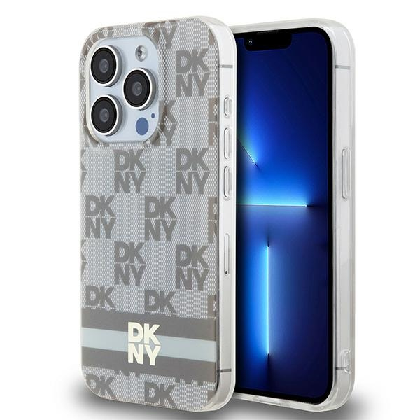Husa MagSafe pentru Apple iPhone 15 Pro, DKNY, Checkered Mono Pattern & Printed Stripes, Bej