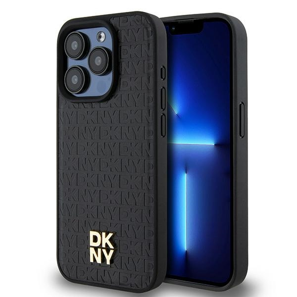 Husa MagSafe pentru Apple iPhone 15 Pro, DKNY, Monogram Pattern Metal Logo, Neagra