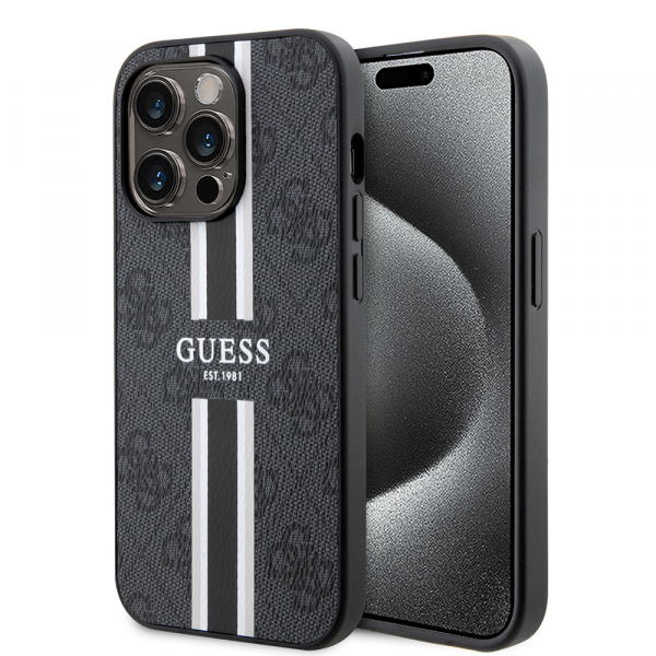 Husa MagSafe pentru Apple iPhone 15 Pro, Guess, 4G Printed Stripes, Neagra