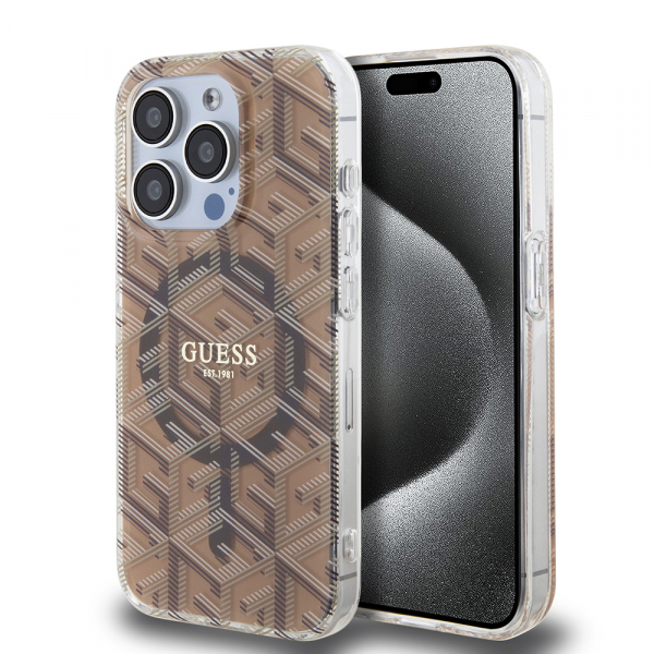 Husa MagSafe pentru Apple iPhone 15 Pro, Guess, IML Gcube, Maro