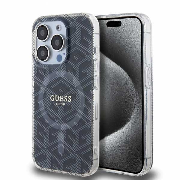 Husa MagSafe pentru Apple iPhone 15 Pro, Guess, IML Gcube, Neagra