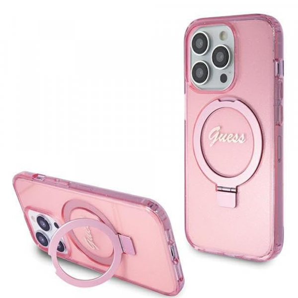 Husa MagSafe pentru Apple iPhone 15 Pro, Guess, IML Ring Stand Glitter, Roz