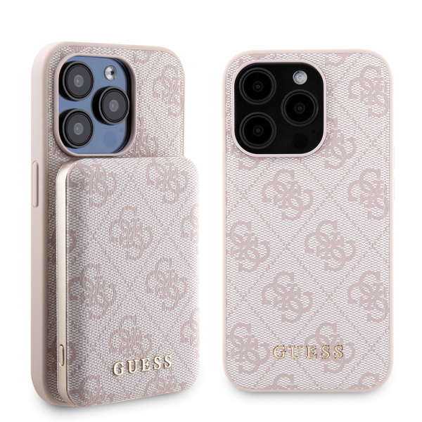 Husa MagSafe pentru Apple iPhone 15 Pro, Guess, Powerbank 4G Metal Logo, Roz