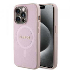 Husa MagSafe pentru Apple iPhone 15 Pro, Guess, Saffiano, Roz