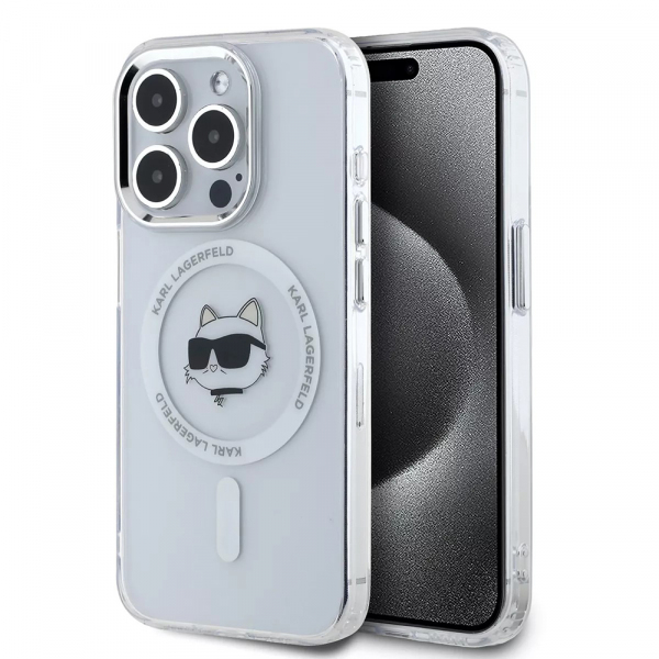 Husa MagSafe pentru Apple iPhone 15 Pro, Karl Lagerfeld, IML Metal Choupette\'s Head, Alba