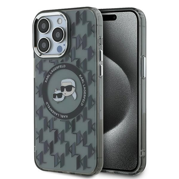 Husa MagSafe pentru Apple iPhone 15 Pro, Karl Lagerfeld, IML Monogram Karl & Choupette\'s Heads, Neagra