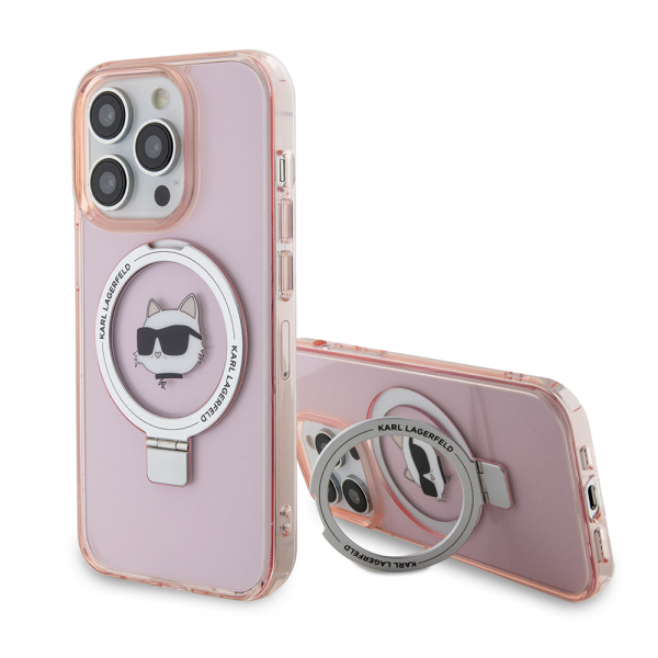 Husa MagSafe pentru Apple iPhone 15 Pro, Karl Lagerfeld, Ring Stand Choupette\'s Head, Roz