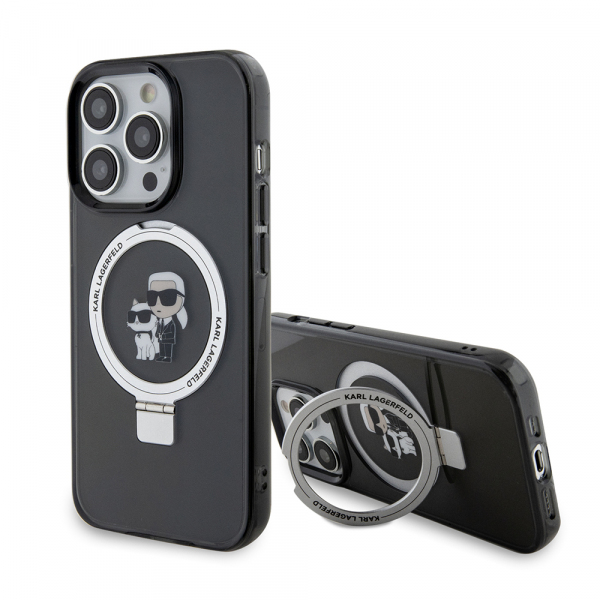 Husa MagSafe pentru Apple iPhone 15 Pro, Karl Lagerfeld, Ring Stand Karl & Choupette, Neagra