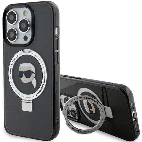 Husa MagSafe pentru Apple iPhone 15 Pro, Karl Lagerfeld, Ring Stand Karl\'s Head, Neagra