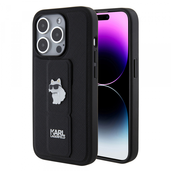 Husa MagSafe pentru Apple iPhone 15 Pro, Karl Lagerfeld, Saffiano Gripstand Choupette, Neagra