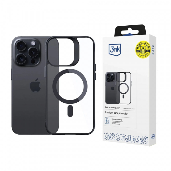 Husa MagSafe pentru Apple iPhone 15 Pro Max, 3MK, Satin Armor, Neagra