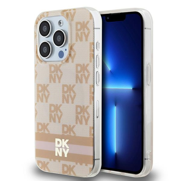 Husa MagSafe pentru Apple iPhone 15 Pro Max, DKNY, Checkered Mono Pattern & Printed Stripes, Roz