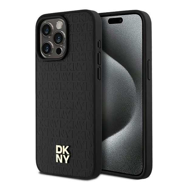 Husa MagSafe pentru Apple iPhone 15 Pro Max, DKNY, Monogram Pattern Metal Logo, Neagra