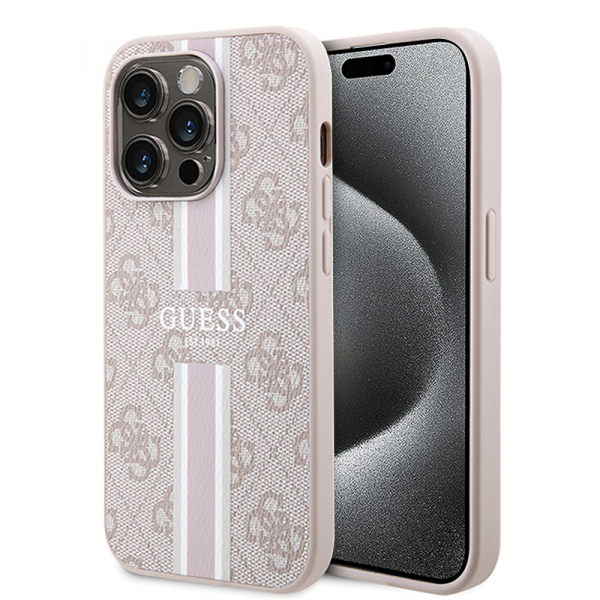 Husa MagSafe pentru Apple iPhone 15 Pro Max, Guess, 4G Printed Stripes, Roz