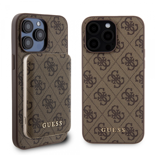 Husa MagSafe pentru Apple iPhone 15 Pro Max, Guess, Powerbank 4G Metal Logo, Maro
