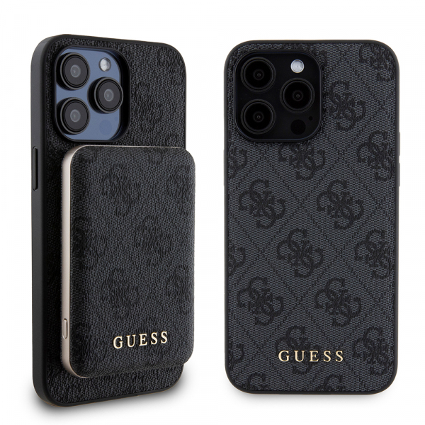 Husa MagSafe pentru Apple iPhone 15 Pro Max, Guess, Powerbank 4G Metal Logo, Neagra