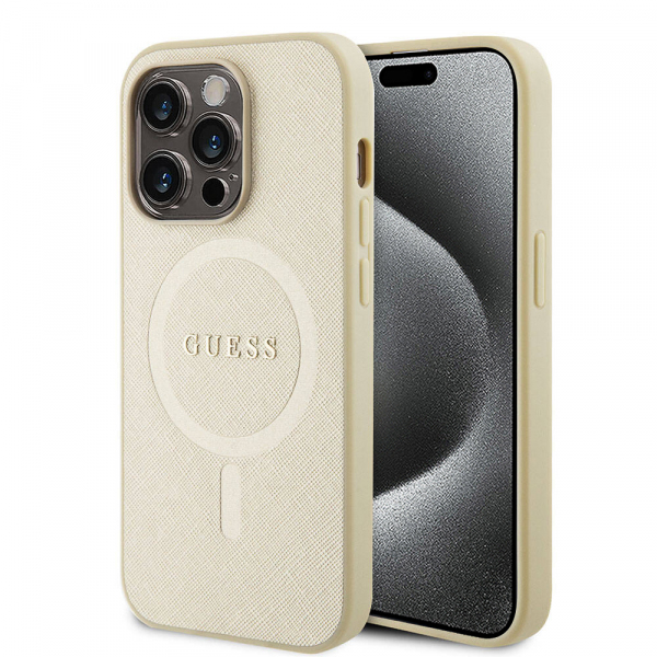 Husa MagSafe pentru Apple iPhone 15 Pro Max, Guess, Saffiano, Bej