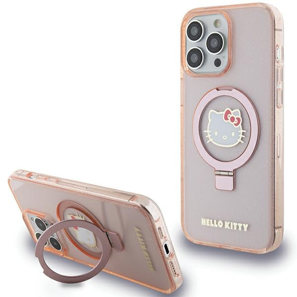 Husa MagSafe pentru Apple iPhone 15 Pro Max, Hello Kitty, Ring Stand Glitter Electrop Logo, Roz