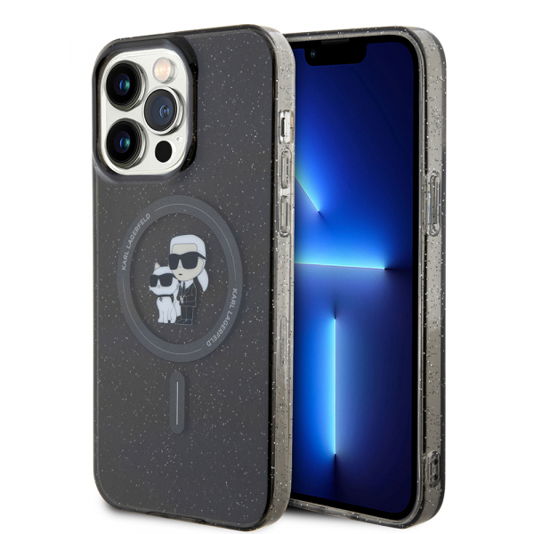 Husa MagSafe pentru Apple iPhone 15 Pro Max, Karl Lagerfeld, Glitter Karl & Choupette, Neagra