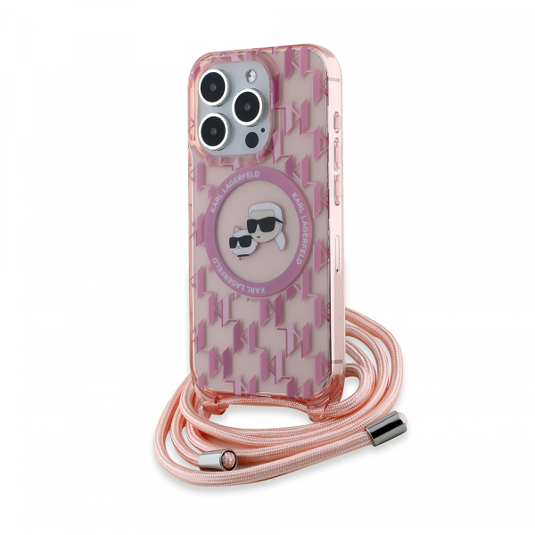 Husa MagSafe pentru Apple iPhone 15 Pro Max, Karl Lagerfeld, IML Crossbody Monogram Karl & Choupette\'s Heads, Roz