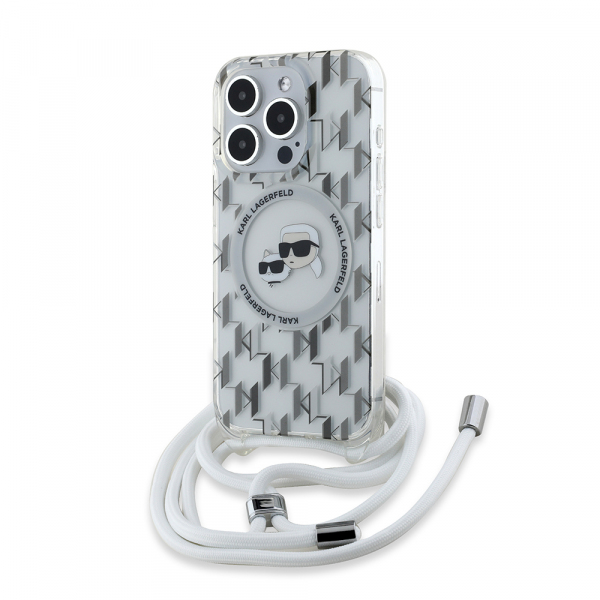 Husa MagSafe pentru Apple iPhone 15 Pro Max, Karl Lagerfeld, IML Crossbody Monogram Karl & Choupette\'s Heads, Transparenta