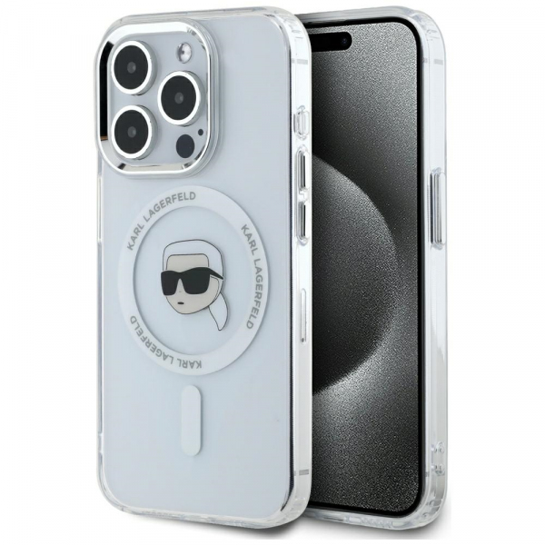 Husa MagSafe pentru Apple iPhone 15 Pro Max, Karl Lagerfeld, IML Metal Karl\'s Head, Alba