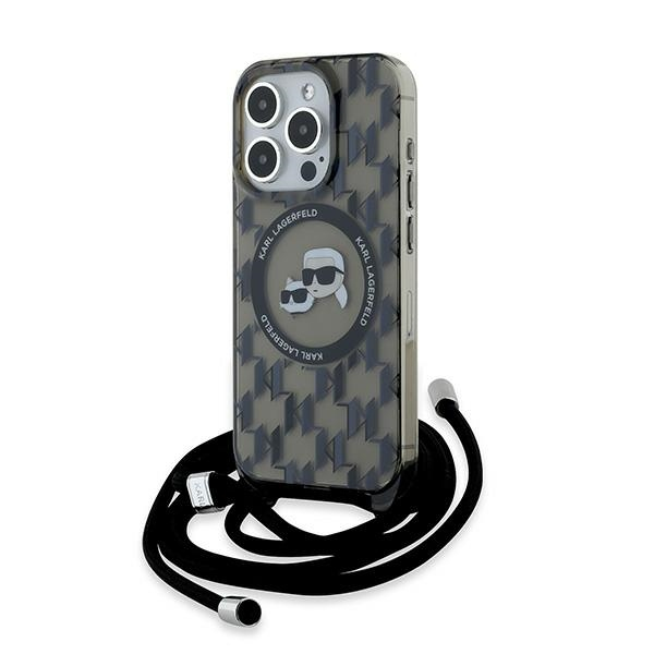 Husa MagSafe pentru Apple iPhone 15 Pro Max, Karl Lagerfeld, IML Crossbody Monogram Karl & Choupette\'s Heads, Neagra