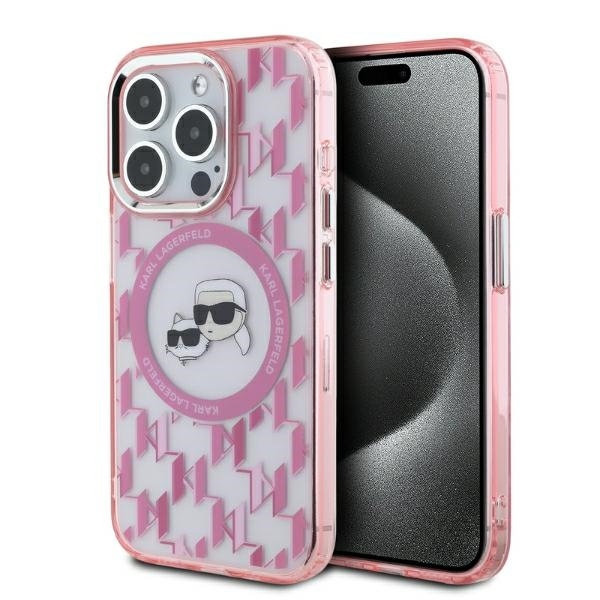 Husa MagSafe pentru Apple iPhone 15 Pro Max, Karl Lagerfeld, IML Monogram Karl & Choupette\'s Heads, Roz