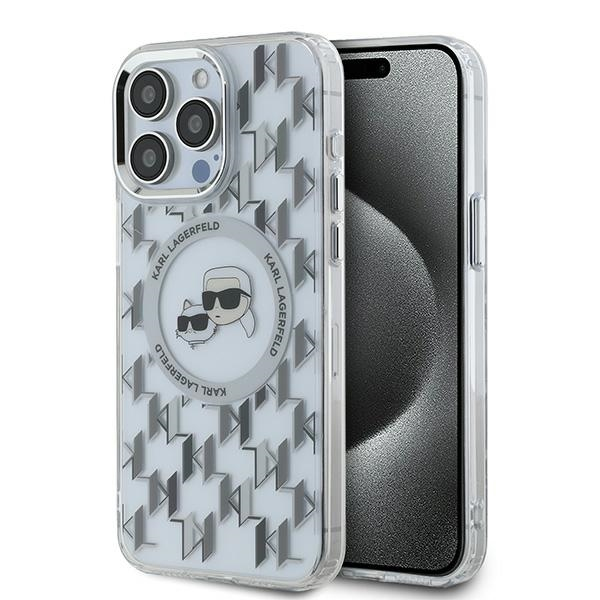 Husa MagSafe pentru Apple iPhone 15 Pro Max, Karl Lagerfeld, IML Monogram Karl & Choupette\'s Heads, Transparenta