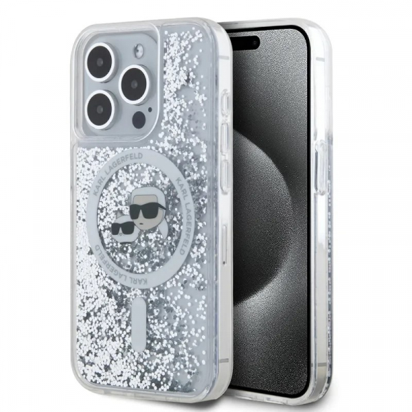 Husa MagSafe pentru Apple iPhone 15 Pro Max, Karl Lagerfeld, Liquid Glitter Karl & Choupette\'s Heads, Transparenta