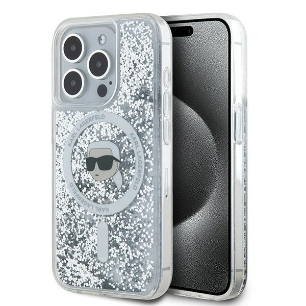 Husa MagSafe pentru Apple iPhone 15 Pro Max, Karl Lagerfeld, Liquid Glitter Karl\'s Head, Transparenta
