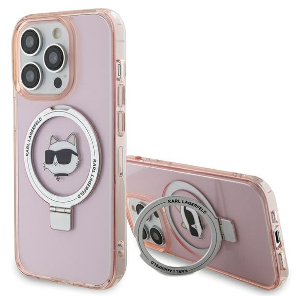 Husa MagSafe pentru Apple iPhone 15 Pro Max, Karl Lagerfeld, Ring Stand Choupette\'s Head, Roz