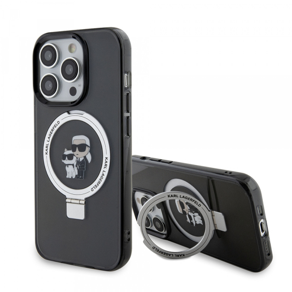 Husa MagSafe pentru Apple iPhone 15 Pro Max, Karl Lagerfeld, Ring Stand Karl & Choupette, Neagra