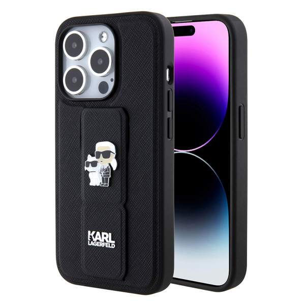 Husa MagSafe pentru Apple iPhone 15 Pro Max, Karl Lagerfeld, Saffiano Gripstand Karl & Choupette, Neagra