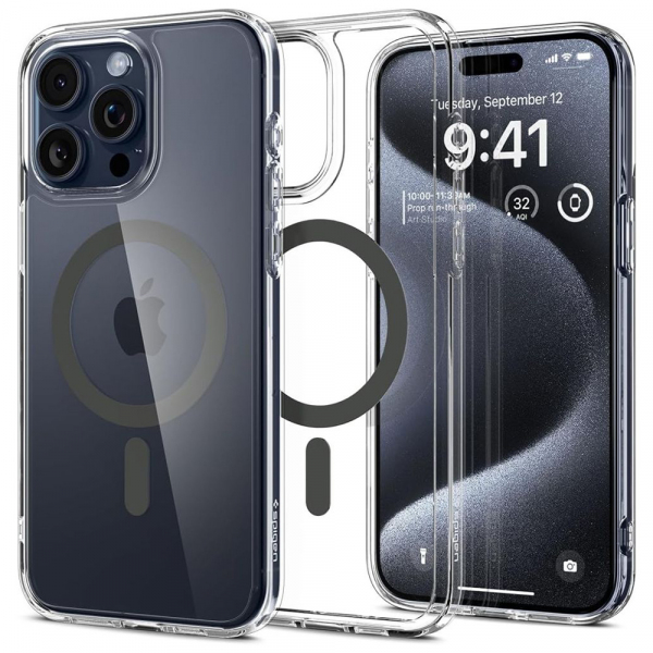 Husa MagSafe pentru Apple iPhone 15 Pro Max, Spigen, Ultra Hybrid Carbon, Transparenta ACS06578