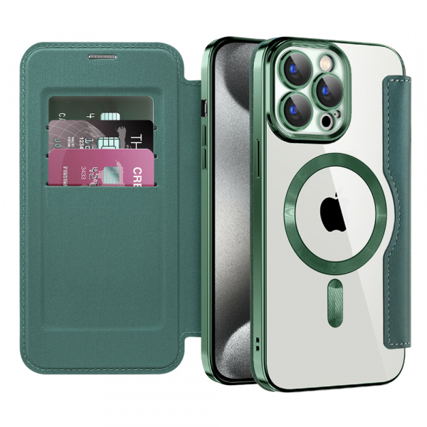 Husa MagSafe pentru Apple iPhone 15 Pro Max, Techsuit, SmartMag Book, Verde