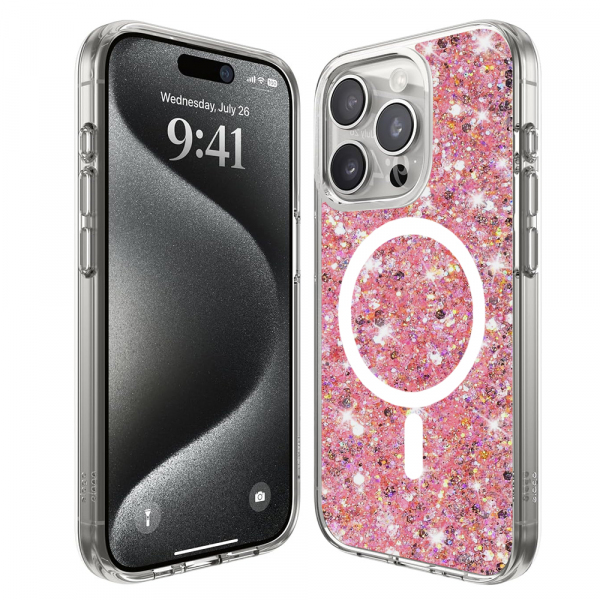 Husa MagSafe pentru Apple iPhone 15 Pro Max, Techsuit, Sparkly Glitter, Roz