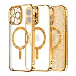 Husa MagSafe pentru Apple iPhone 15 Pro, Techsuit, Luxury Glitter, Aurie